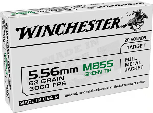 WINCHESTER M855 Green Tip 5.56 NATO 62Gr Full Metal Jacket Brass Ammunition | 20 Round